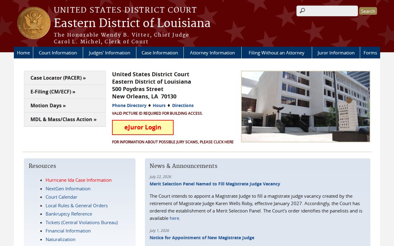 Eastern District of Louisiana federal court website
