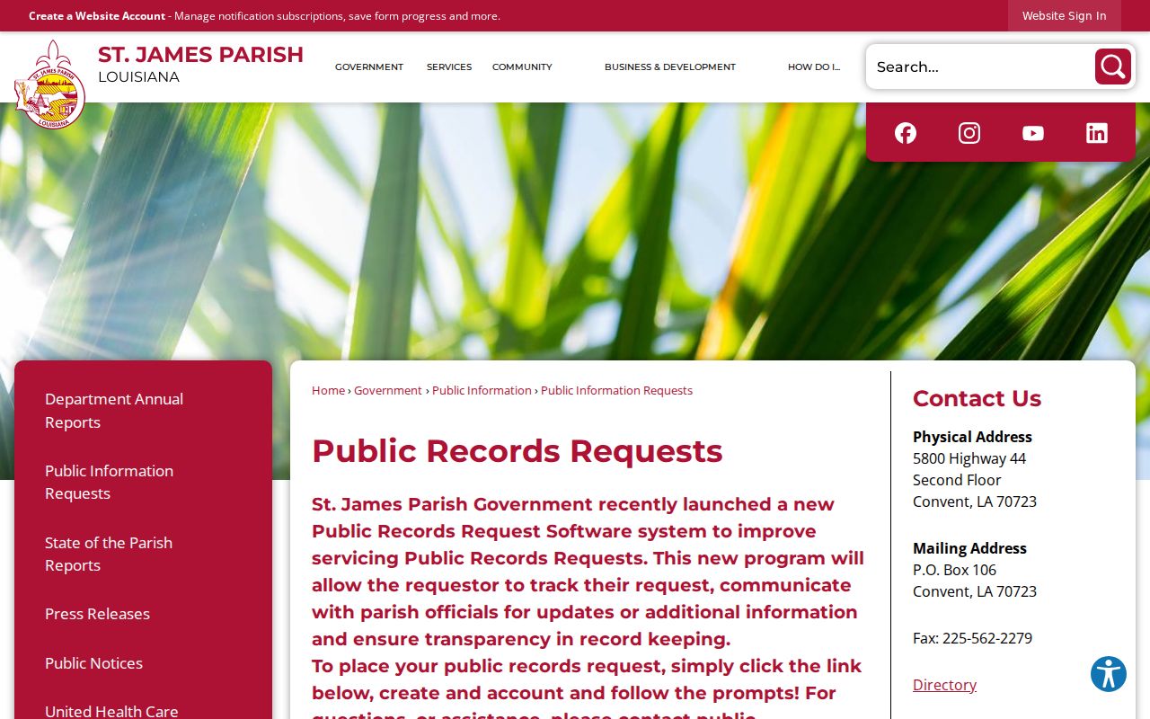 St. James Parish public records request page for arrest record routing