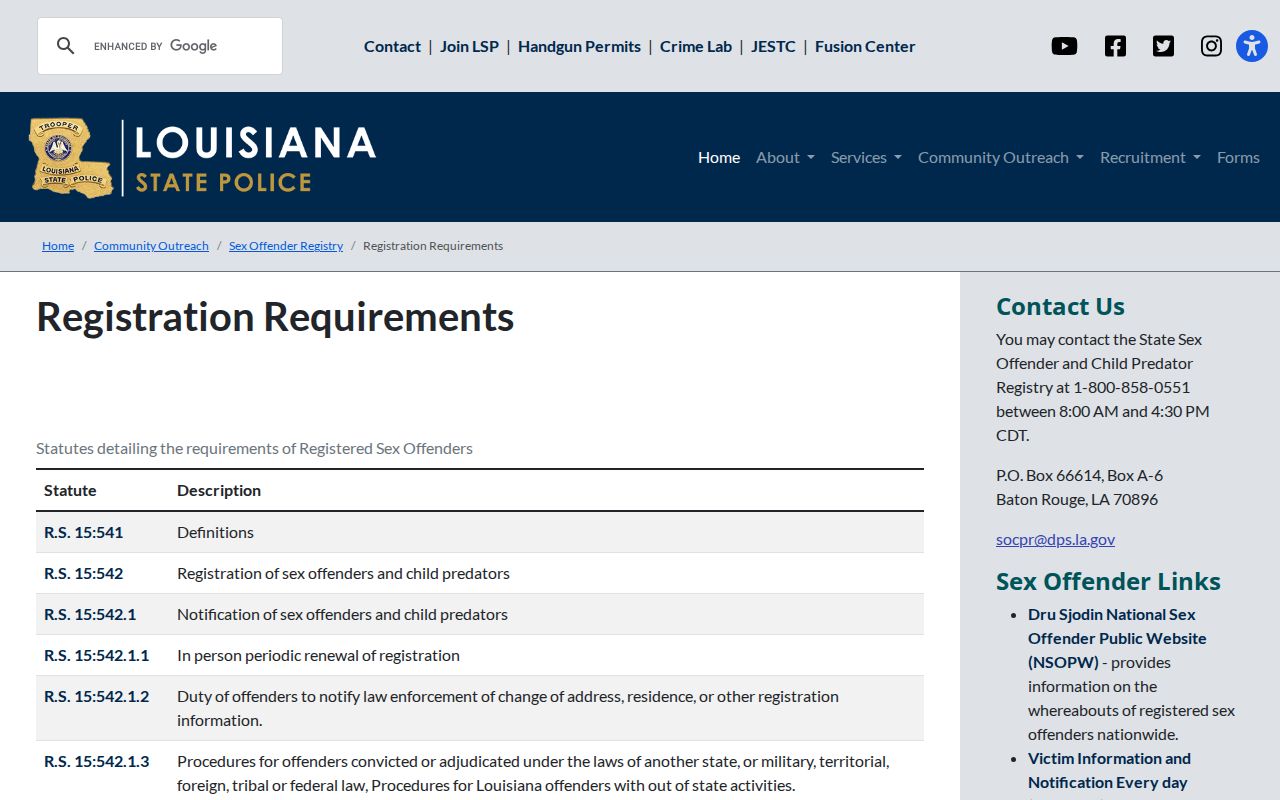 Louisiana registration requirements for St. James Parish sex offender records