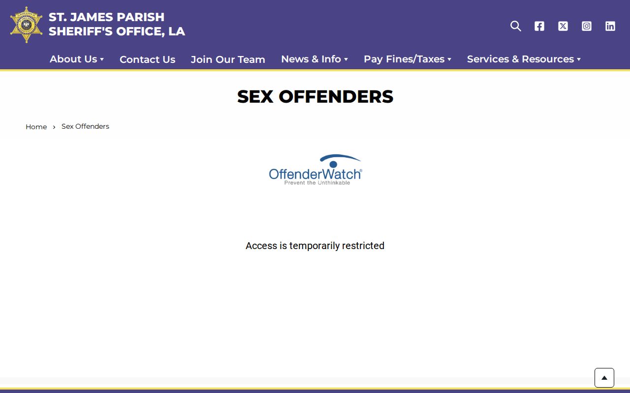St. James Parish sex offender search on the sheriff registry page
